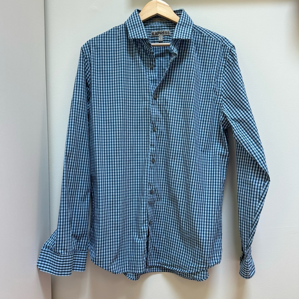 Express Fitted Button Down Shirt‎ Blue Plaid Size Large 16-16.5”